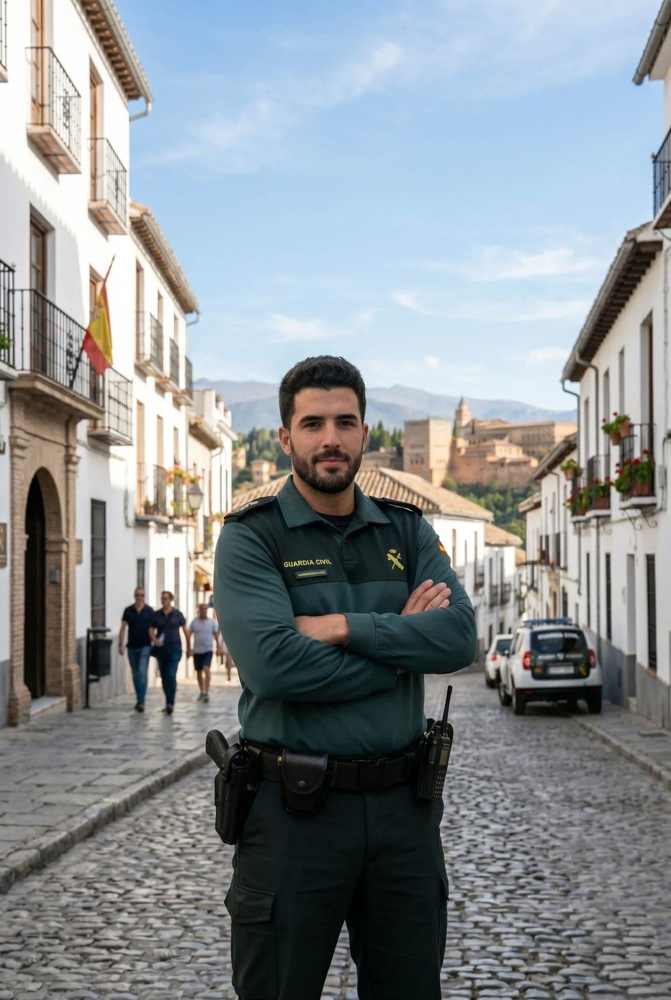 Agente de la Guardia Civil de servicio en una calle empedrada, con el coche patrulla al fondo