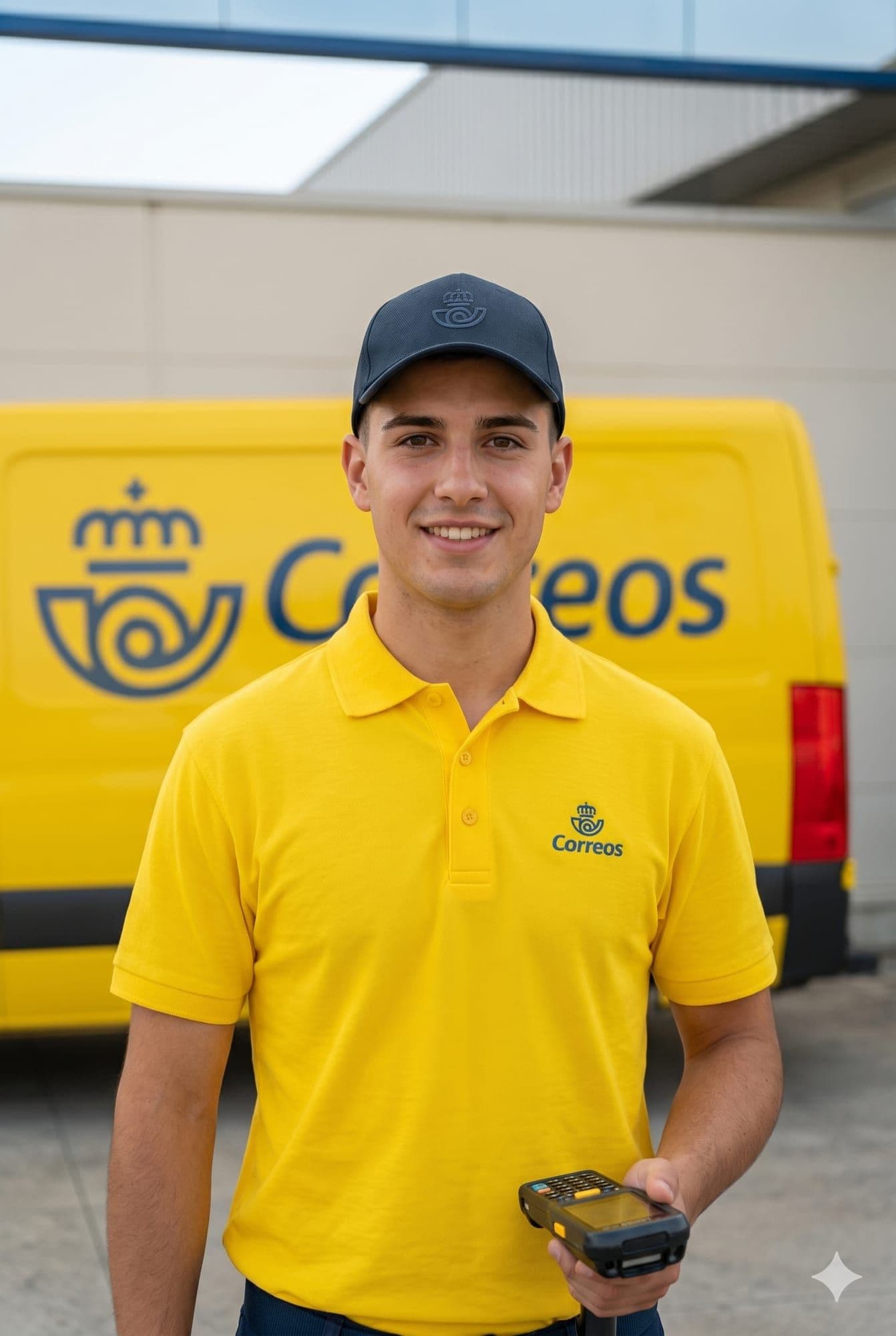 Repartidor de Correos con la PDA en la mano, delante de una furgoneta de reparto
