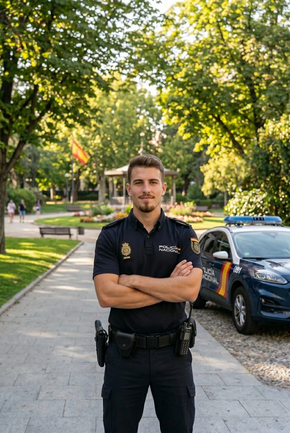 Agente de la Policía Nacional en un parque, con el coche patrulla al fondo