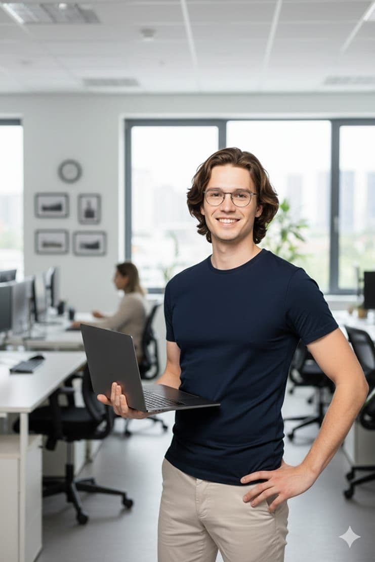 Técnico sonriendo con un portátil en una oficina